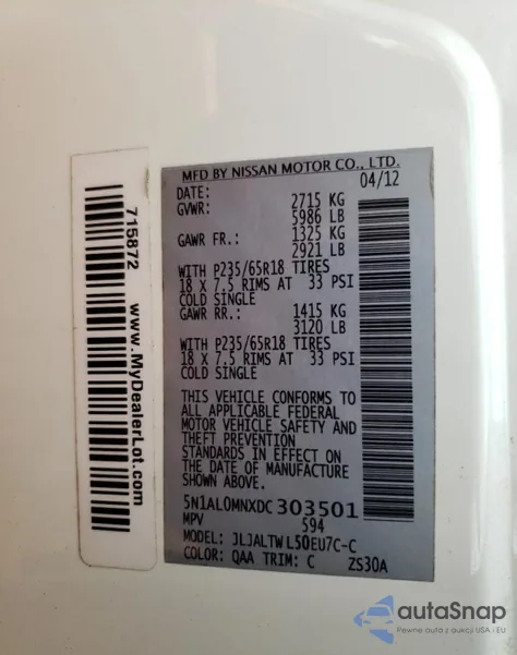 2013 Infiniti Jx35 from USA, damaged, VIN 5N1AL0MNXDC303501